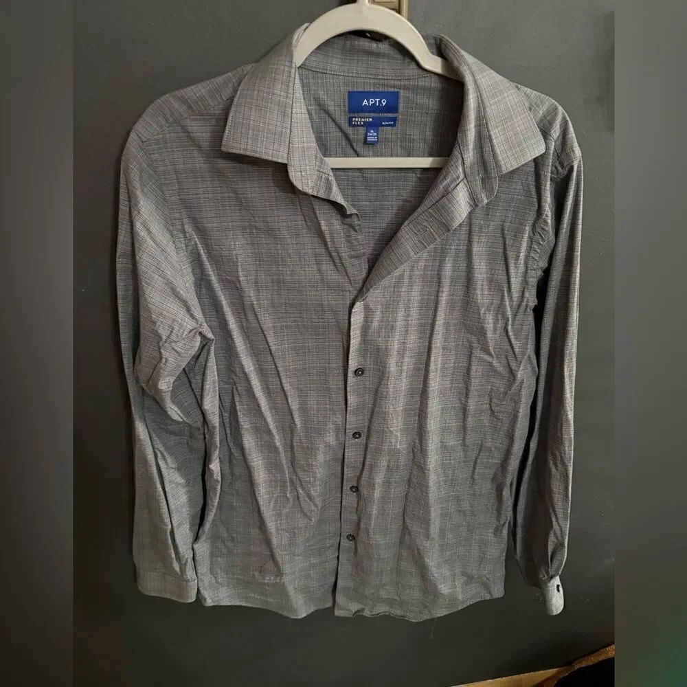Apt.9 Premier Flex Slim Fit Grey Long Sleeve Dress Shirt Sz 16 34/35 Tex Grey